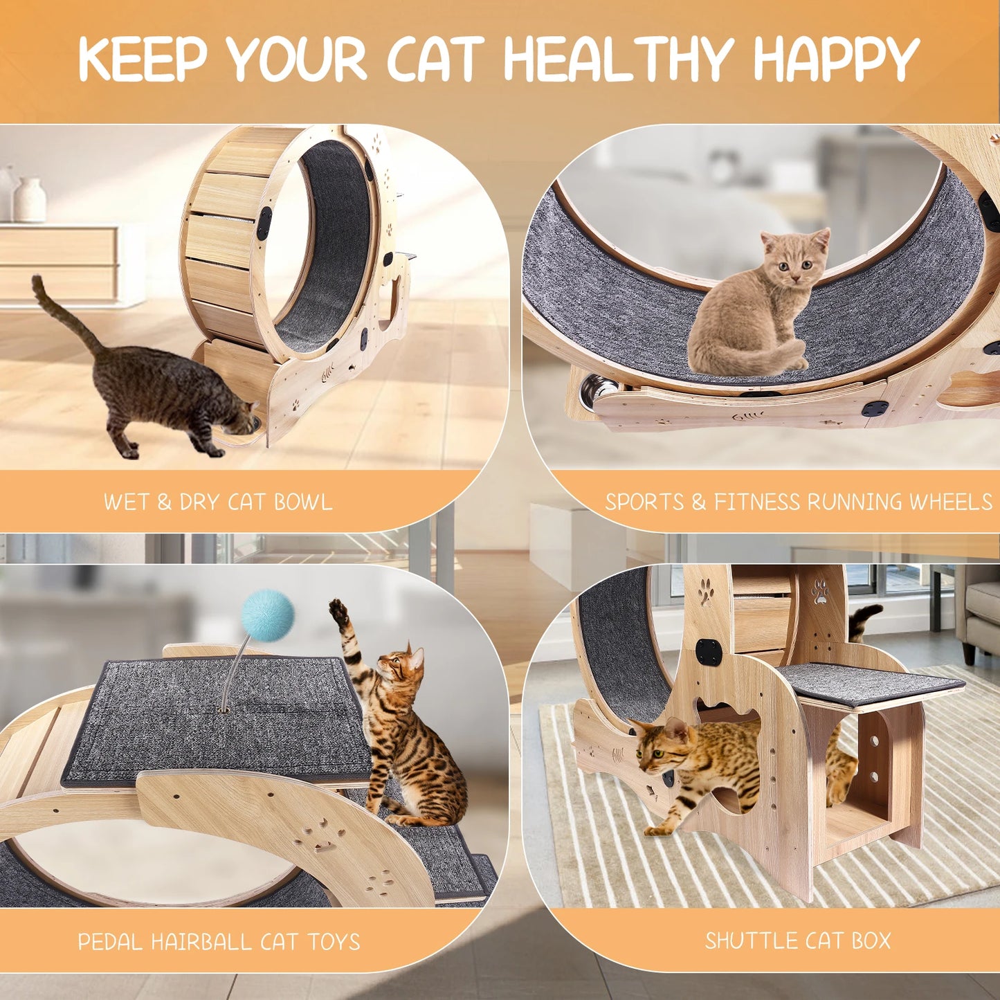 Cat Exercise Wheel, 4 In 1 Cat Treadmill With Climbing Ladders Shelf, House, Cat Bowls, Ultra Quiet Indoor Cats Daily Running