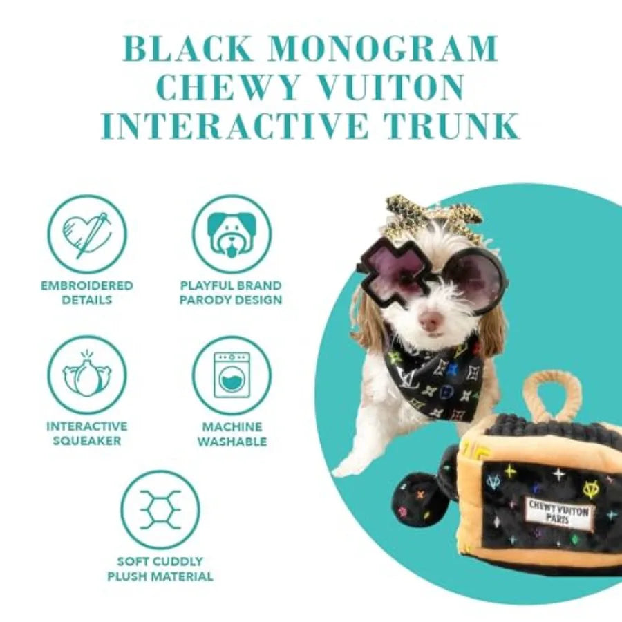 Black Monogram Chewy Vuiton Interactive Trunk Plush Dog Toy with Squeaker for All Breeds Stimulating Enrichment Machine
