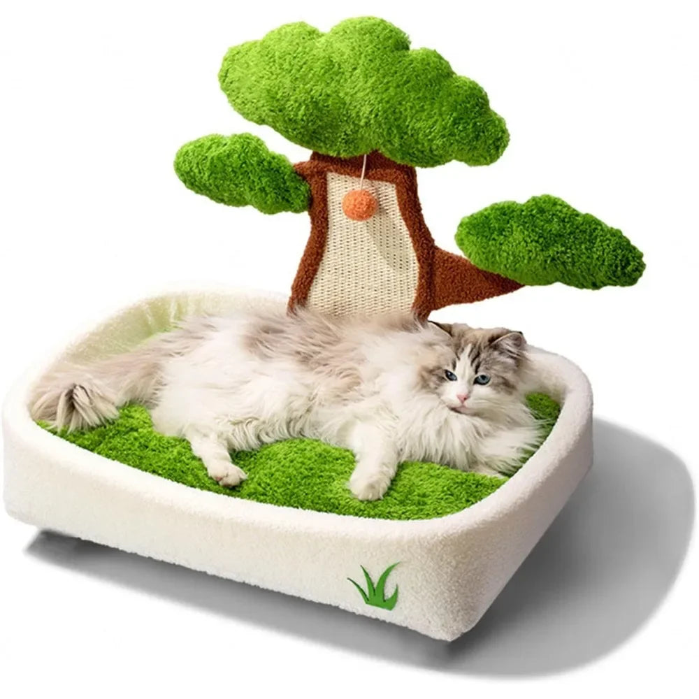 Cat Scratching Post with Bed with Scratch Pad and Fluffy Ball, Small Cat Tree with Removable Washable Cushioned Pillow,