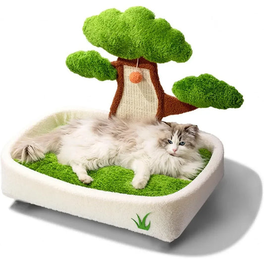 Cat Scratching Post with Bed with Scratch Pad and Fluffy Ball, Small Cat Tree with Removable Washable Cushioned Pillow,