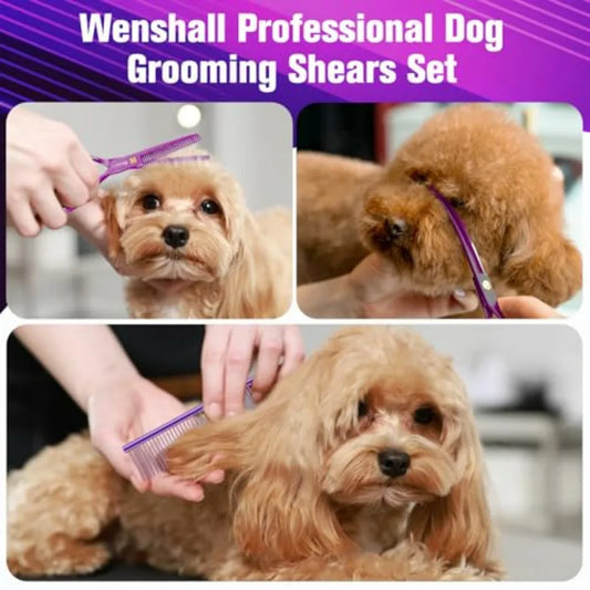 Professional Dog Grooming Scissors Set 6.5 Thinning 7 Straight 7 UpCurved 7 Downcurved Scissors and Comb for Dog Cat Pet Purple
