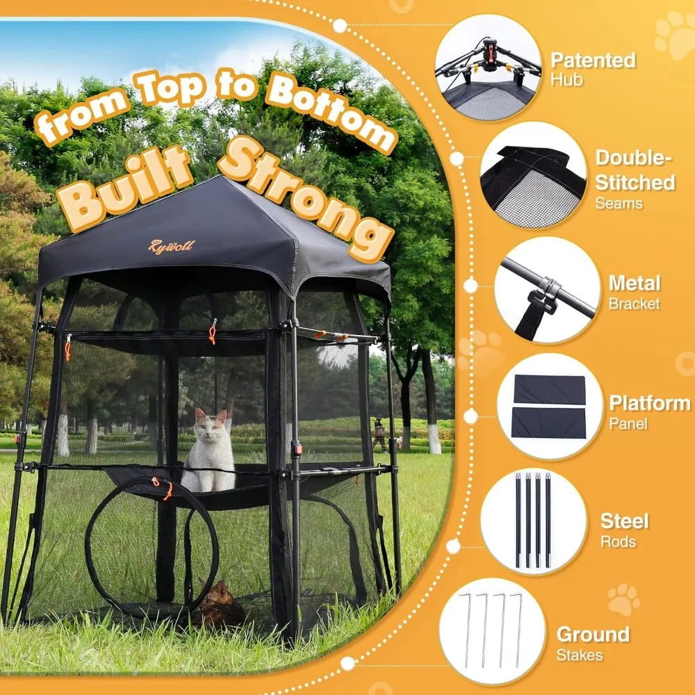 Extra Large Catio Outdoor Cat Enclosure, Rywell 3-Tier Spacious Outdoor Cat Tent, Weatherproof&Sunproof with 5 Windows, Foldable