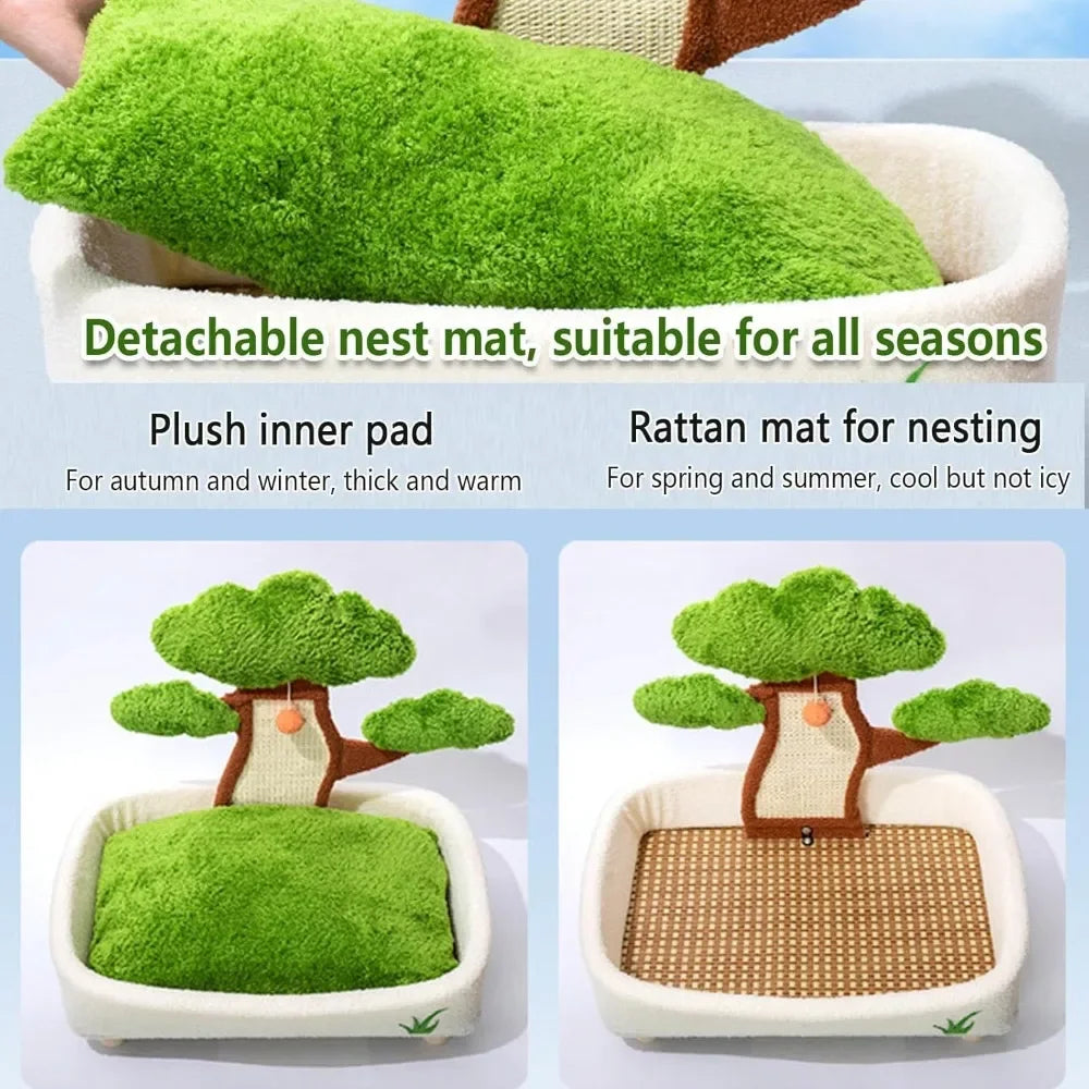 Cat Scratching Post with Bed with Scratch Pad and Fluffy Ball, Small Cat Tree with Removable Washable Cushioned Pillow,