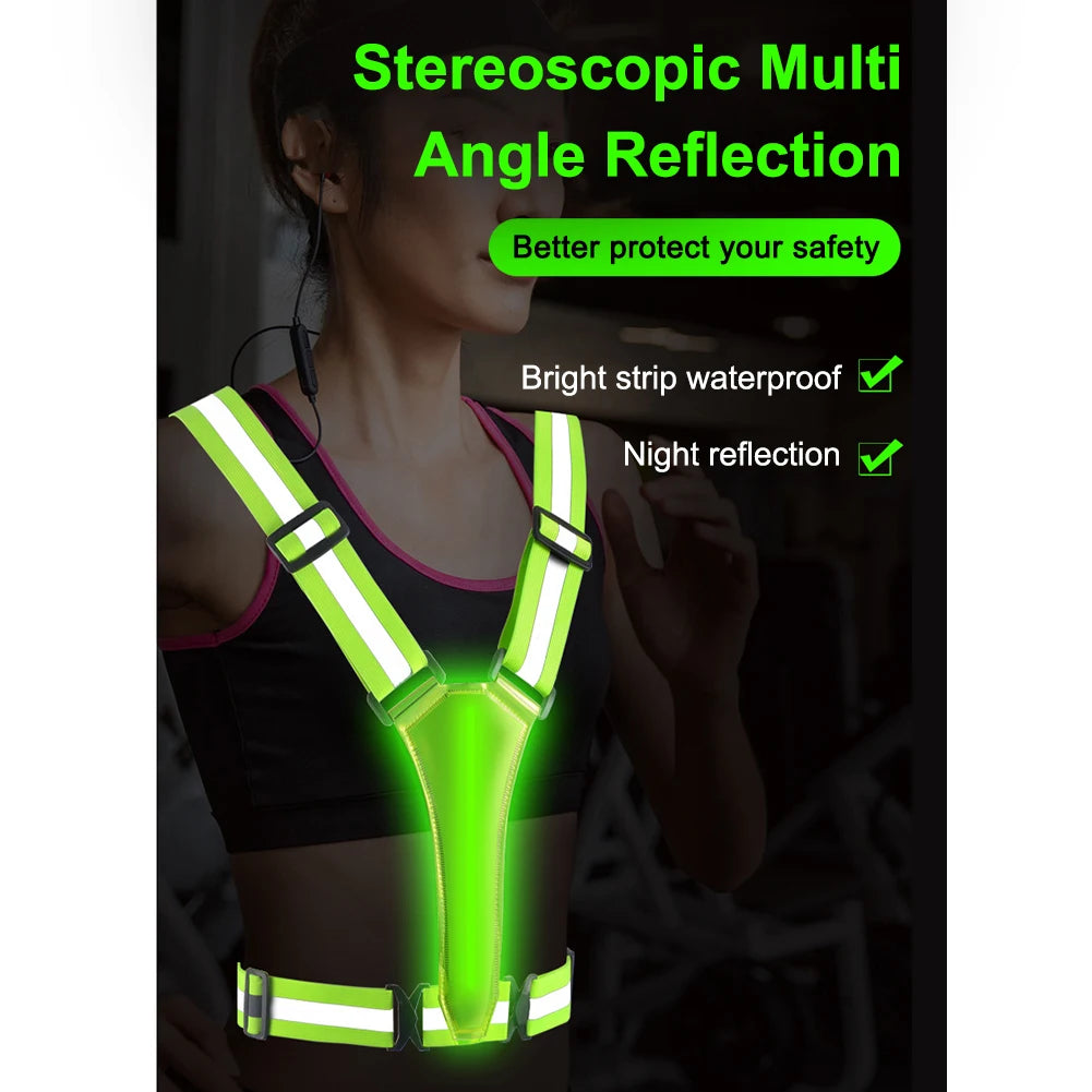 LED Running Vest USB Rechargeable Reflective Glowing Reflector Straps Adjustable Night Running Vest High Visibility Elastic Band