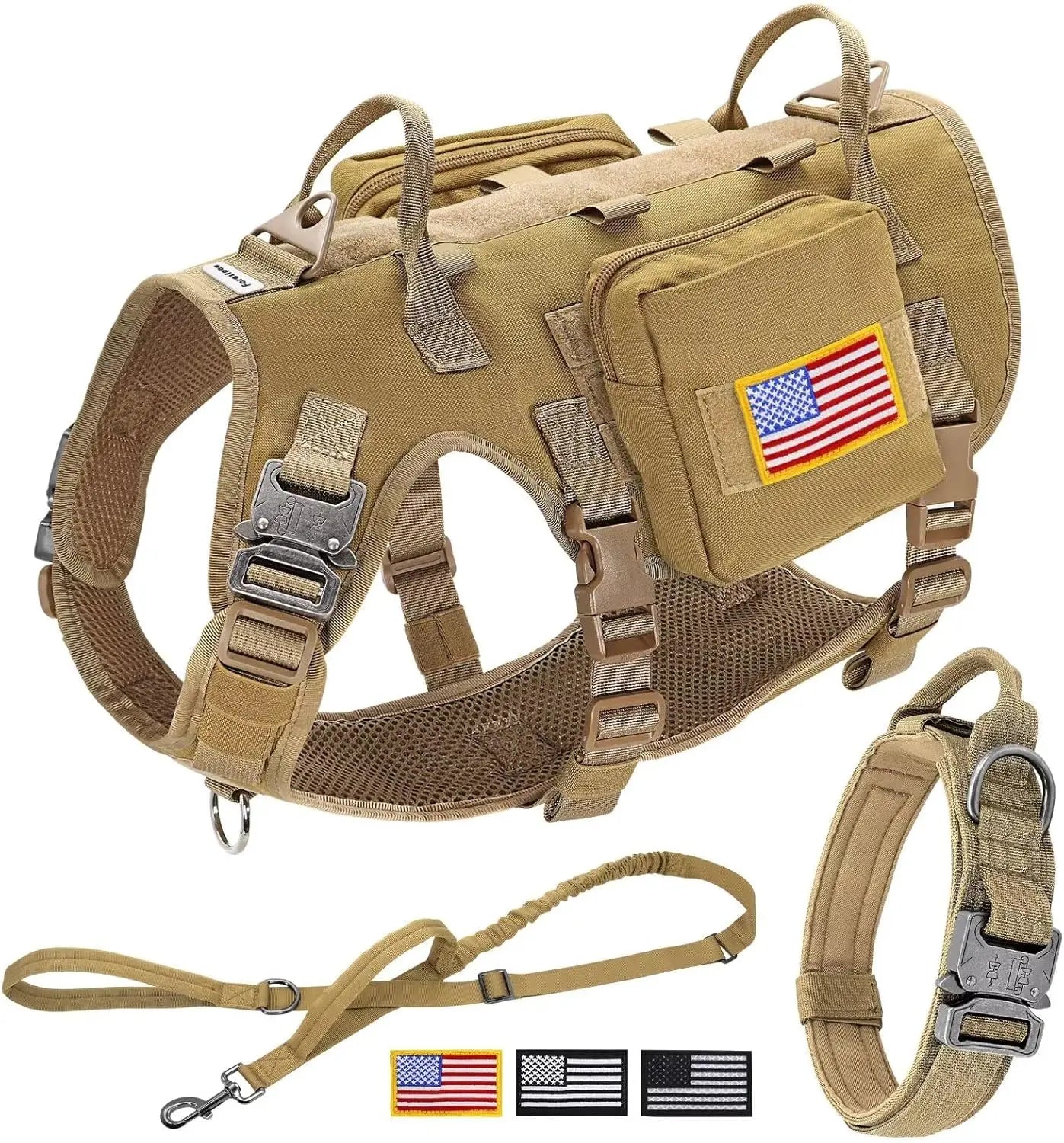 Tactical Dog Harness Set with Bungee Leash, Adjustable for Medium to Large Dogs, No Pull Control, Khaki Color