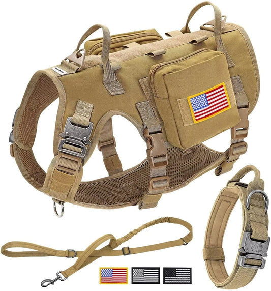Tactical Dog Harness Set with Bungee Leash, Adjustable for Medium to Large Dogs, No Pull Control, Khaki Color