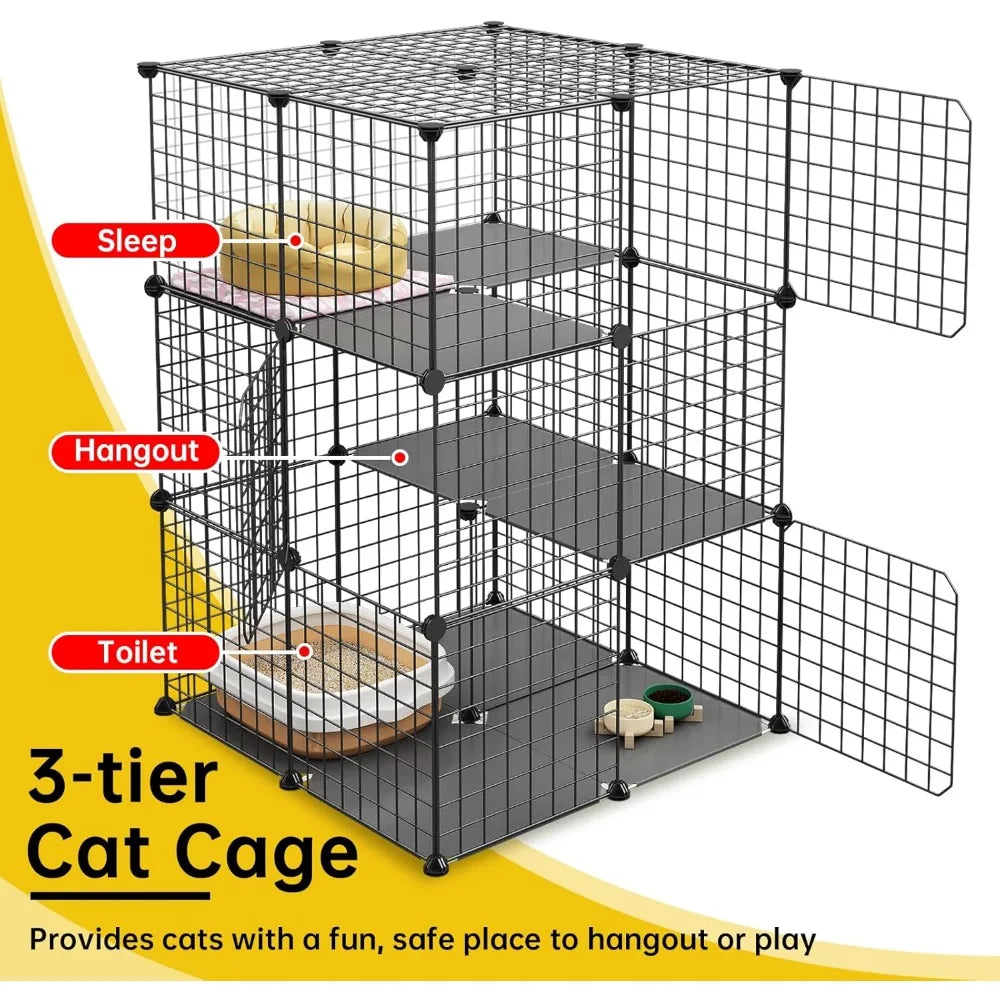 3-Tier Cat Cage Indoor Enclosure DIY Cat Playpen Catio Detachable Metal Wire Kennels 2Lx2Wx3H Crate Large Exercise Place Ideal f