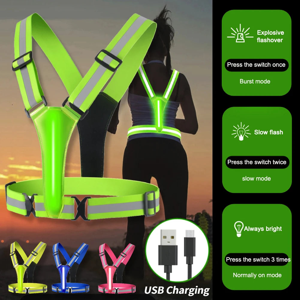 LED Running Vest USB Rechargeable Reflective Glowing Reflector Straps Adjustable Night Running Vest High Visibility Elastic Band