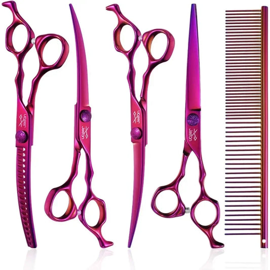 Dog Grooming Scissors Set Professional 6 in 1 Dog Shears Set 7 Curved Chunker 7 Straight 7 UpCurved 7 Downcurved Scissors and C