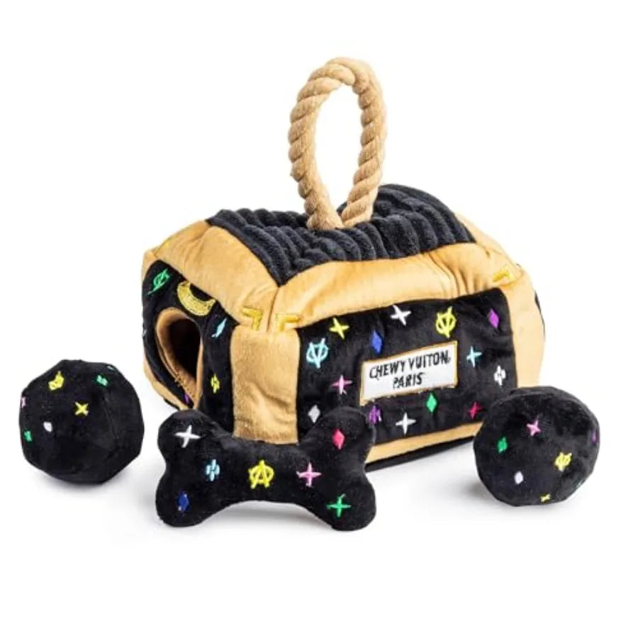 Black Monogram Chewy Vuiton Interactive Trunk Plush Dog Toy with Squeaker for All Breeds Stimulating Enrichment Machine