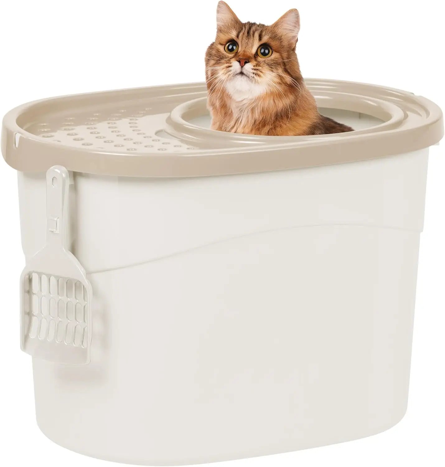 Top Entry Cat Litter Box, Large Enclosed with Litter Catching Lid and Scoop, Dog Proof, Cat Litter Box, Gray/White