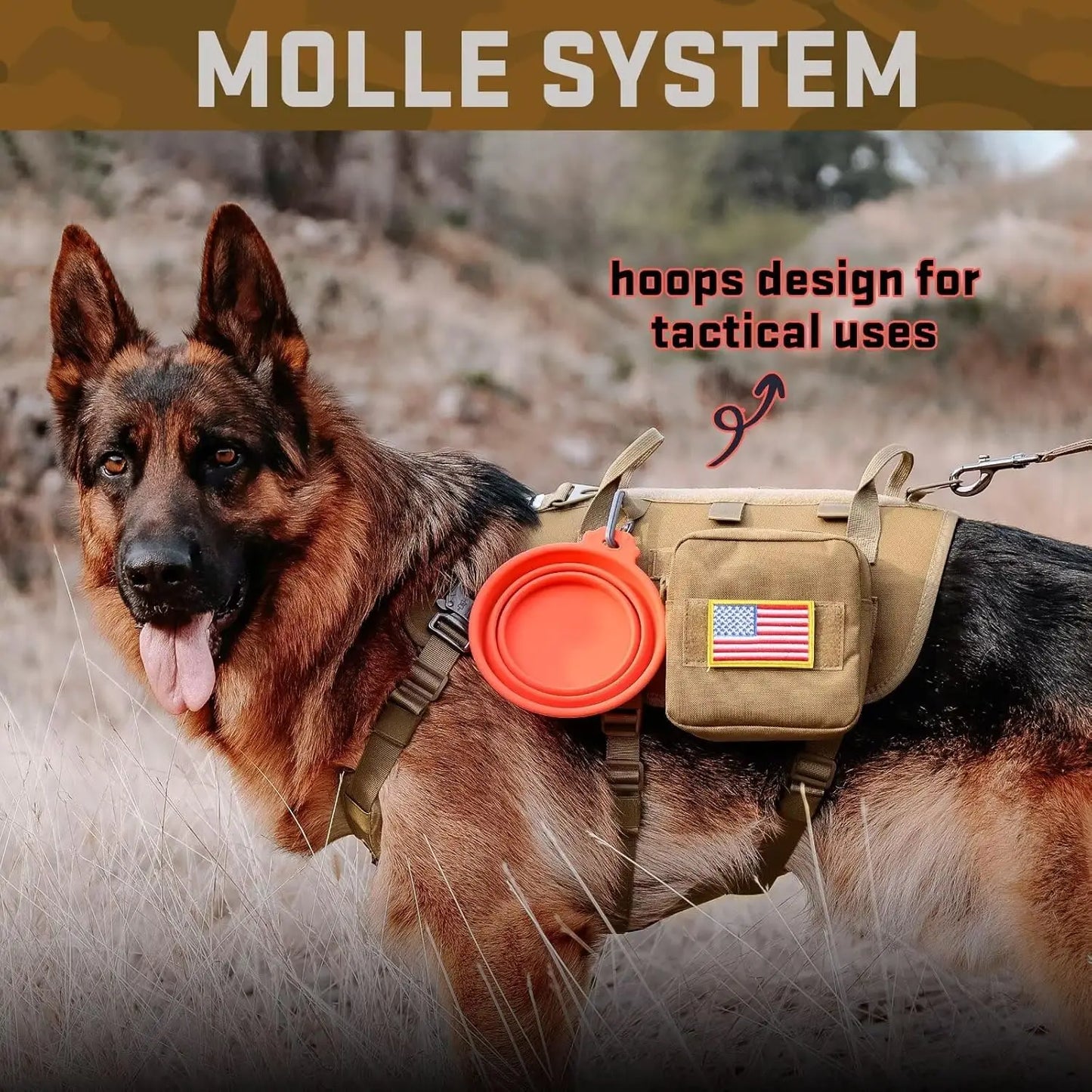 Tactical Dog Harness Set with Bungee Leash, Adjustable for Medium to Large Dogs, No Pull Control, Khaki Color