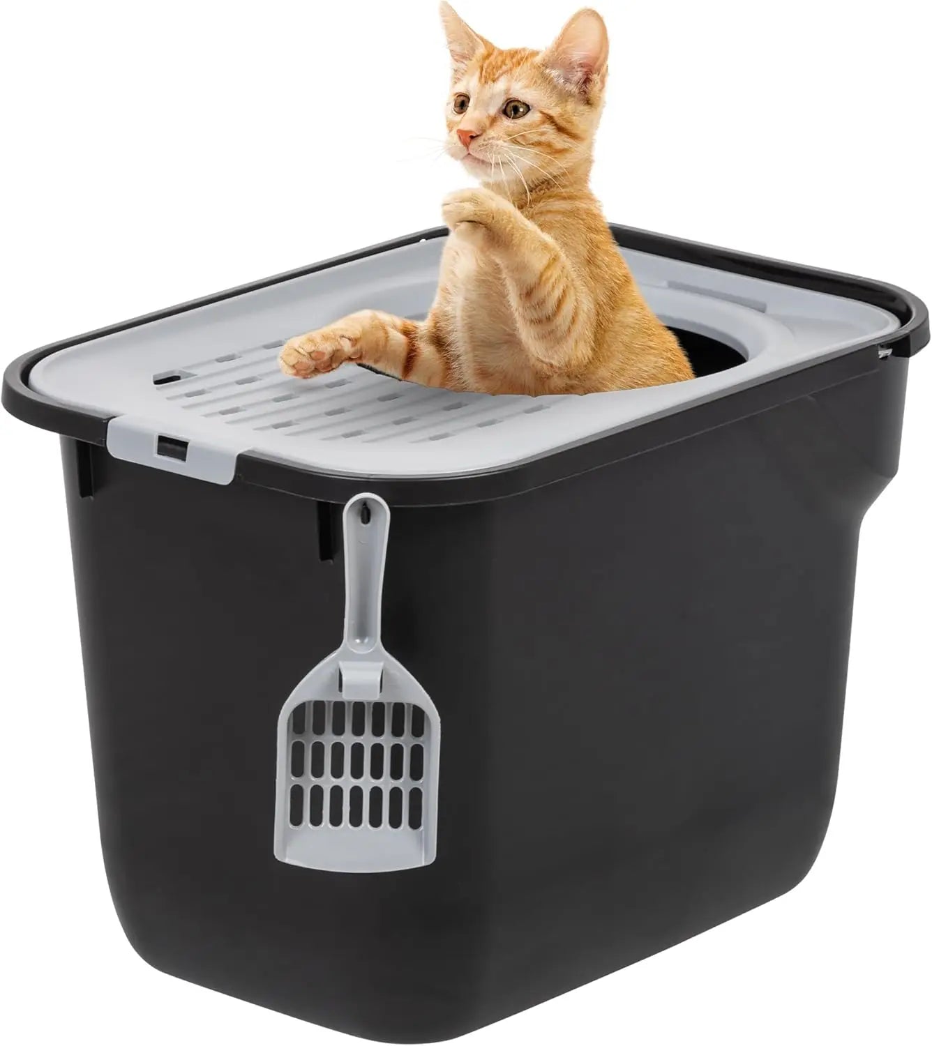 Top Entry Cat Litter Box, Large Enclosed with Litter Catching Lid and Scoop, Dog Proof, Cat Litter Box, Gray/White