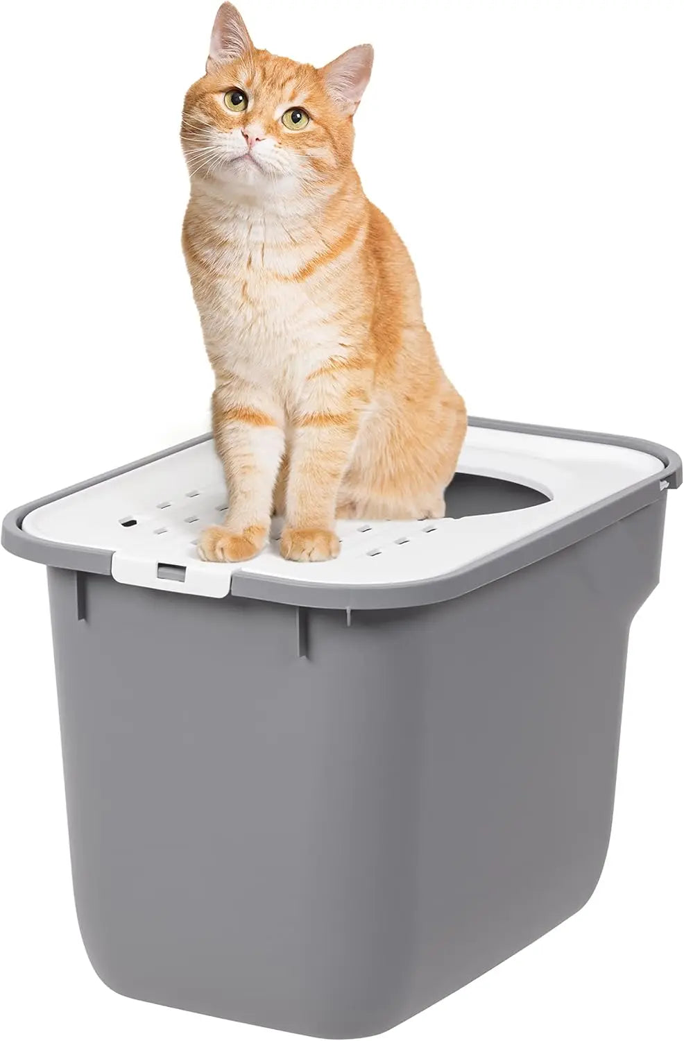 Top Entry Cat Litter Box, Large Enclosed with Litter Catching Lid and Scoop, Dog Proof, Cat Litter Box, Gray/White