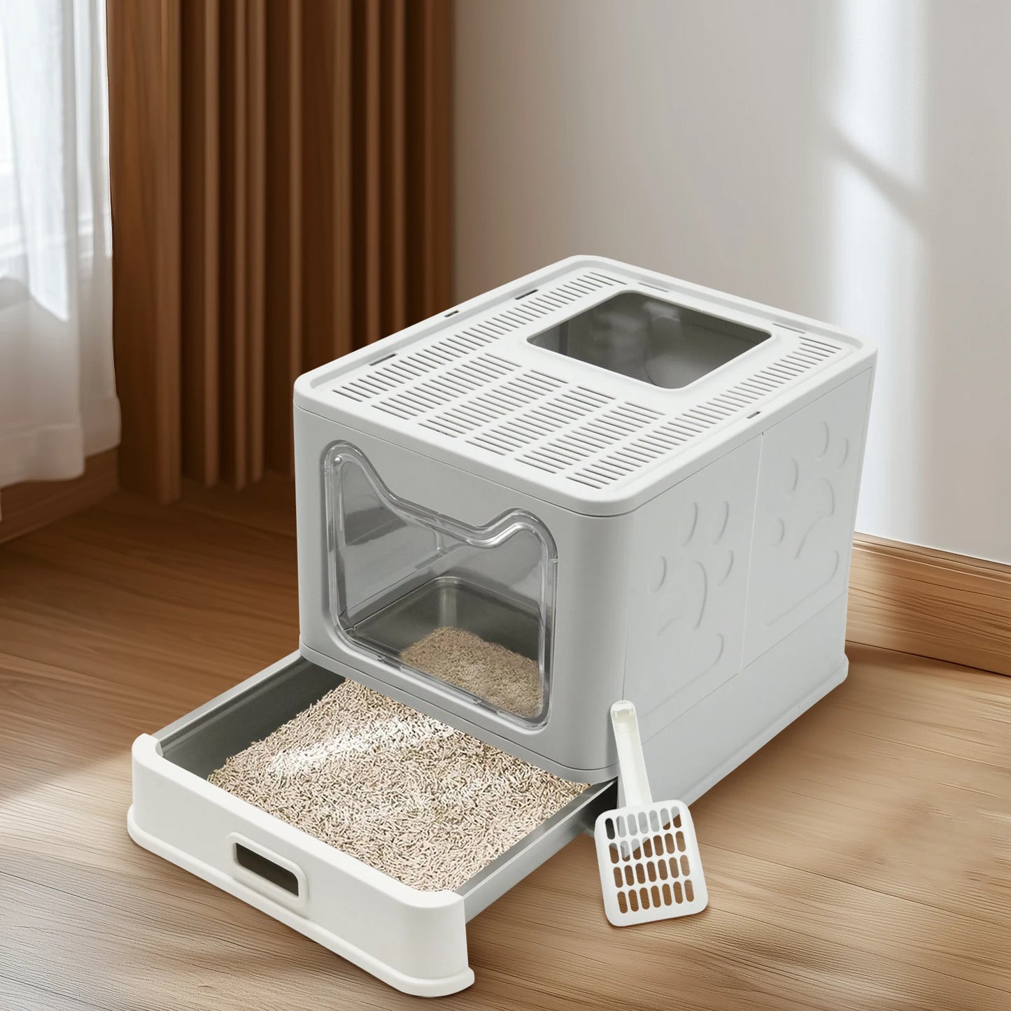 Stainless Steel Cat Litter Box with Lid Front Entry and Top Exit Toilet Box with Litter Scoop for Kittens,Easy Cleaning