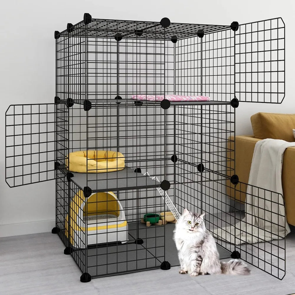 3-Tier Cat Cage Indoor Enclosure DIY Cat Playpen Catio Detachable Metal Wire Kennels 2Lx2Wx3H Crate Large Exercise Place Ideal f