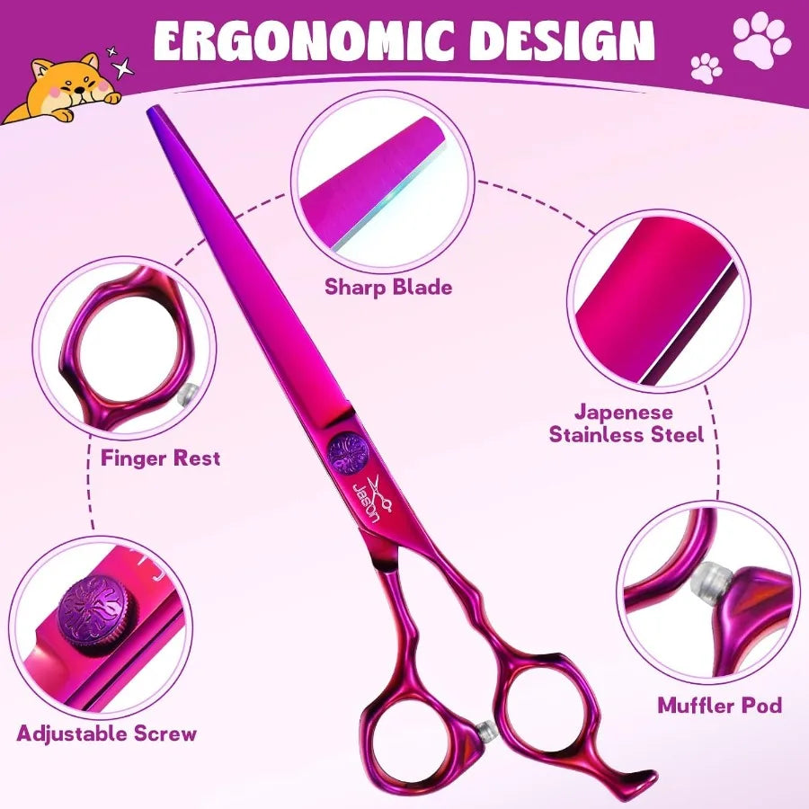 Dog Grooming Scissors Set Professional 6 in 1 Dog Shears Set 7 Curved Chunker 7 Straight 7 UpCurved 7 Downcurved Scissors and C