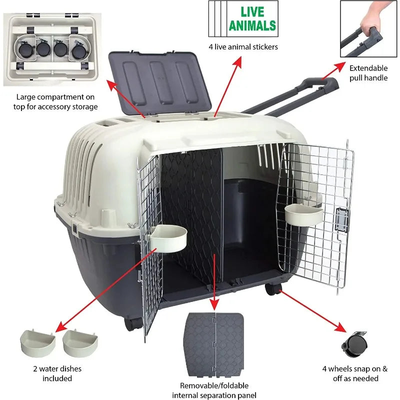 Durable Plastic Airline Approved Pet Kennel, Double Wire Door