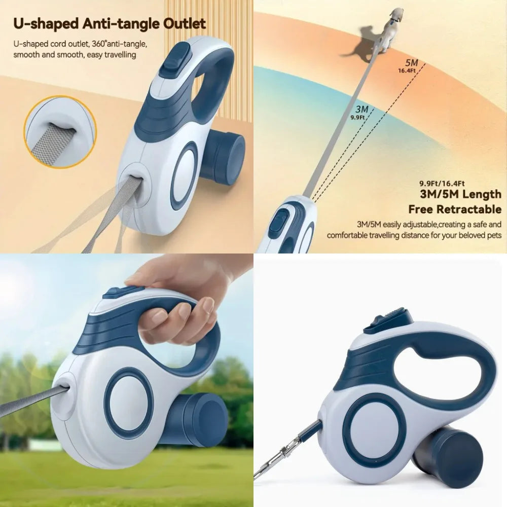 16ft Auto Retractable Dog Leash, Heavy Duty Nylon Extendable Lead for All Sizes, Blue & White Geometric Pattern, Durable & Safe