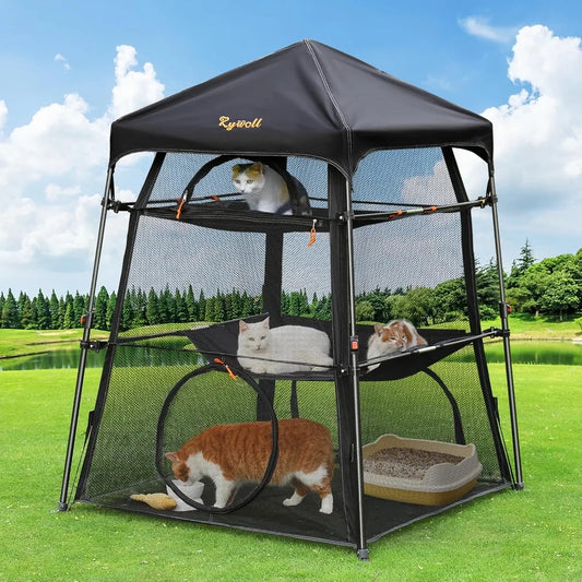 Extra Large Catio Outdoor Cat Enclosure, Rywell 3-Tier Spacious Outdoor Cat Tent, Weatherproof&Sunproof with 5 Windows, Foldable