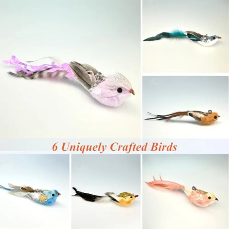 6 PCS Realistic Bird Cat Wand Attachment Toys Handcrafted Feather Toys for Interactive Indoor Play Engaging Cat Accessories Ide