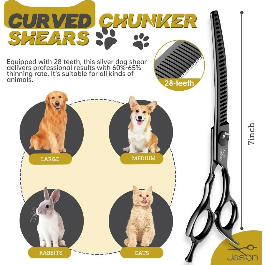 7 Curved Chunker Dog Scissors Ergonomic Pet Scissors Black Curved Dog Shears 440C Stainless Steel Grooming Shears Professional