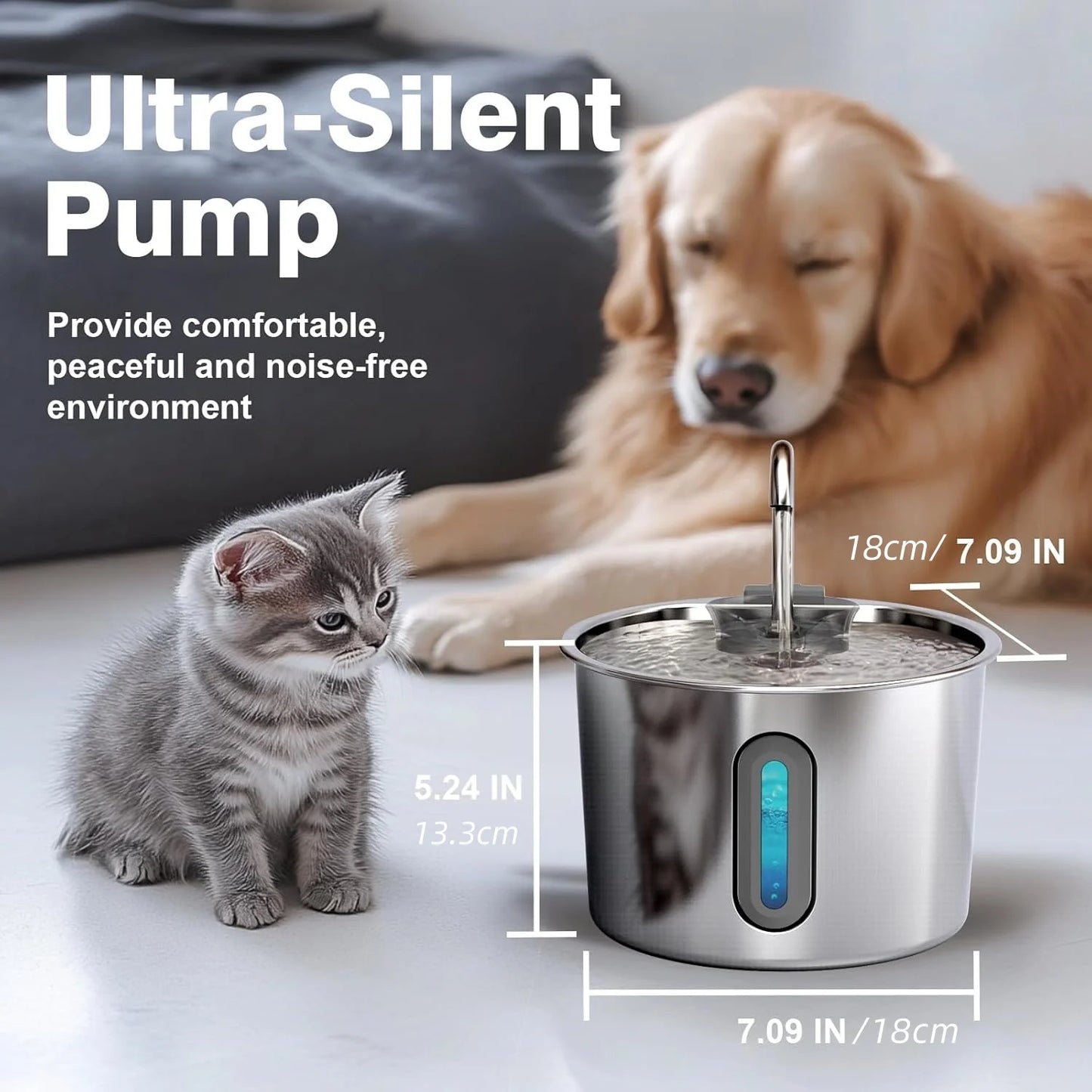 Cat Water Fountain, 75oz Stainless Steel Automatic Water Fountain with Filters Silent Pump for Cat Drinking, Pet Water Supplies