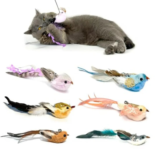 6 PCS Realistic Bird Cat Wand Attachment Toys Handcrafted Feather Toys for Interactive Indoor Play Engaging Cat Accessories Ide