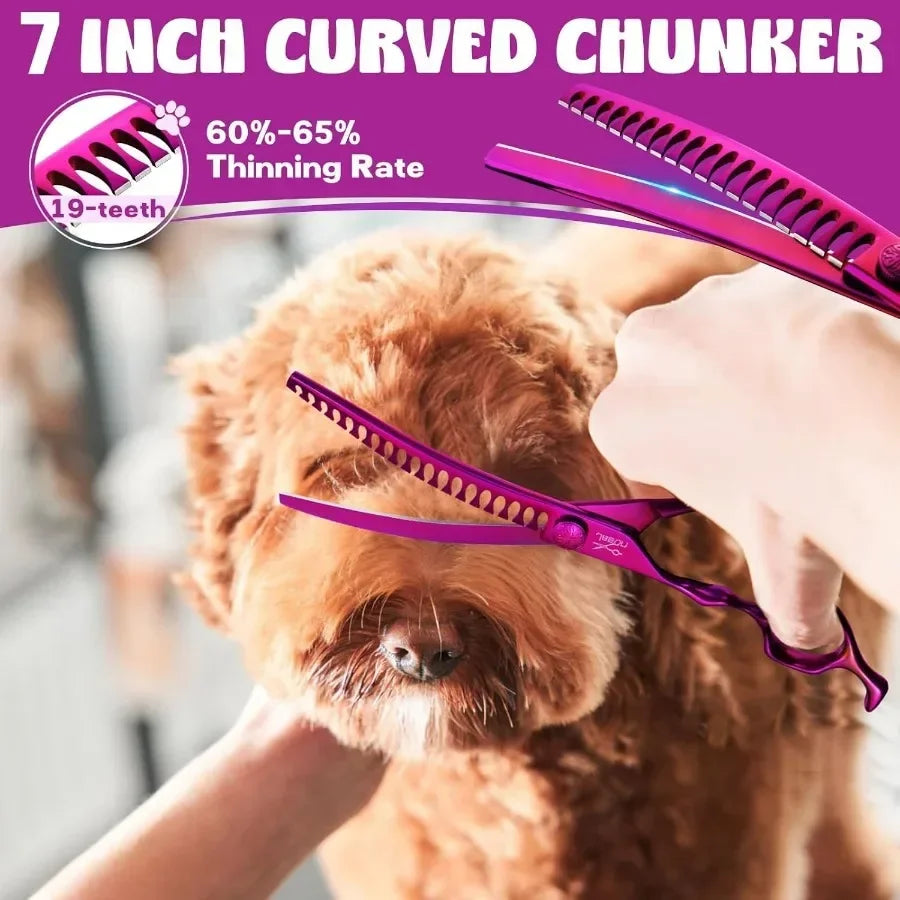 Dog Grooming Scissors Set Professional 6 in 1 Dog Shears Set 7 Curved Chunker 7 Straight 7 UpCurved 7 Downcurved Scissors and C