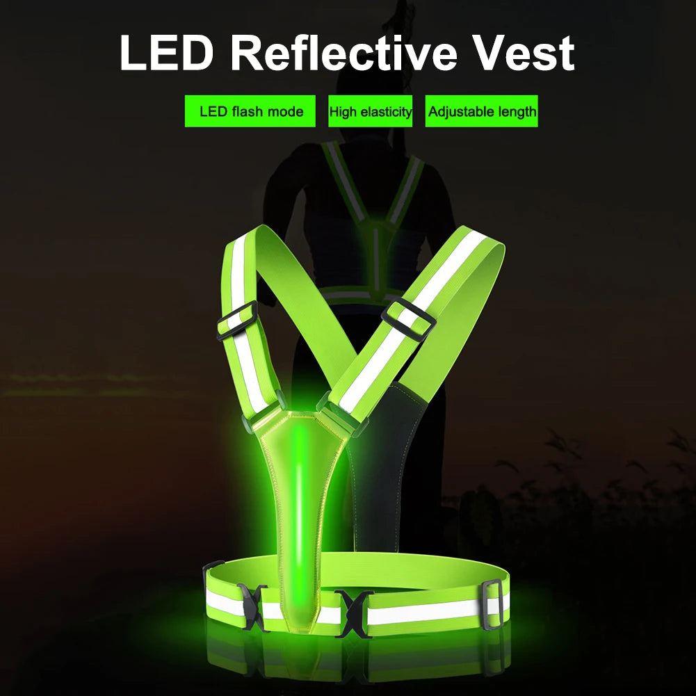LED Running Vest USB Rechargeable Reflective Glowing Reflector Straps Adjustable Night Running Vest High Visibility Elastic Band