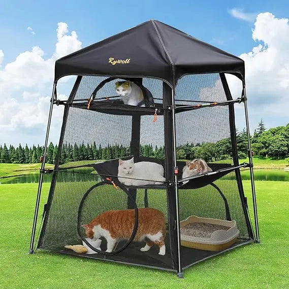 Extra Large Catio Outdoor Cat Enclosure, Rywell 3-Tier Spacious Outdoor Cat Tent, Weatherproof&Sunproof with 5 Windows, Foldable