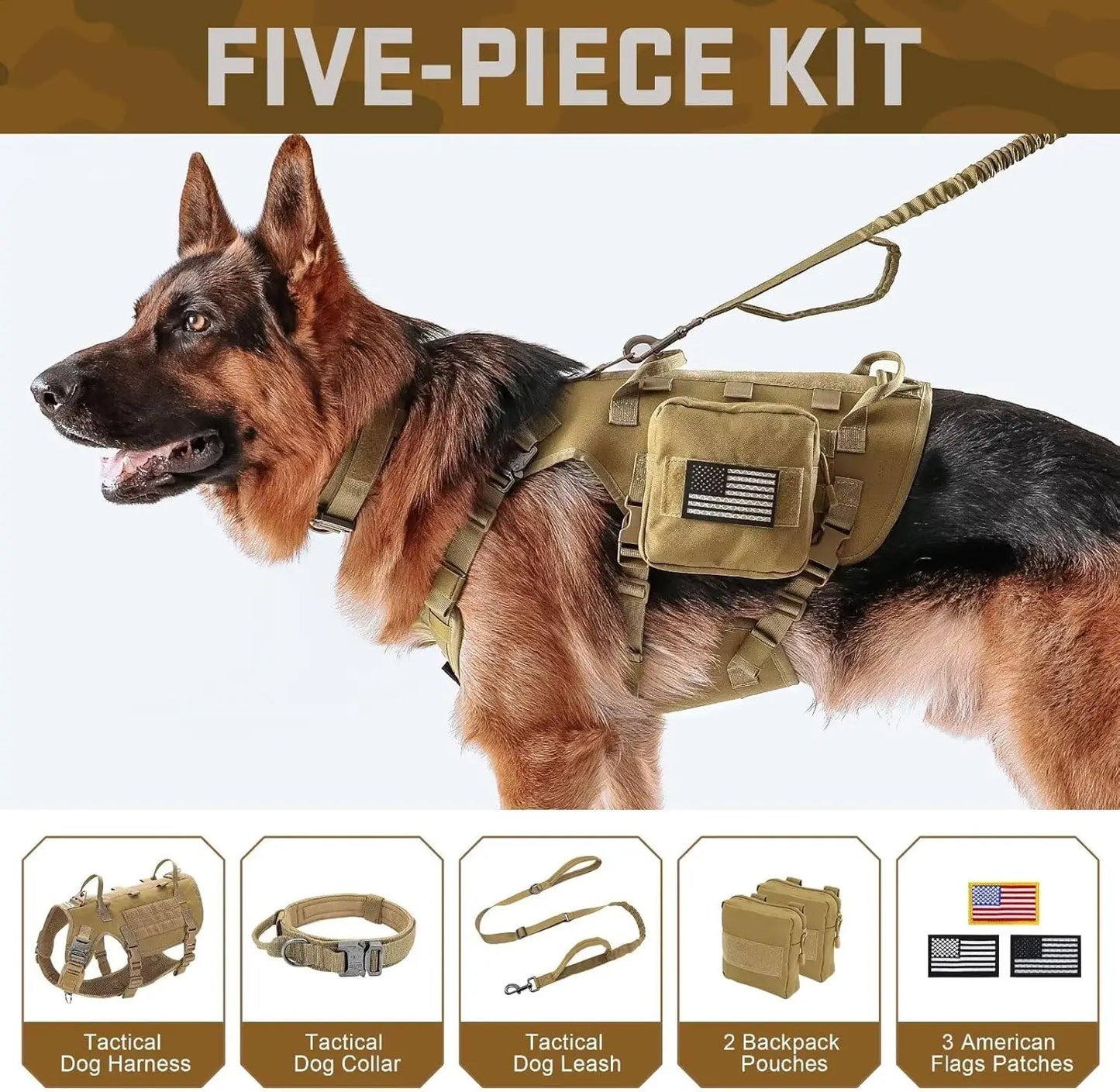 Tactical Dog Harness Set with Bungee Leash, Adjustable for Medium to Large Dogs, No Pull Control, Khaki Color