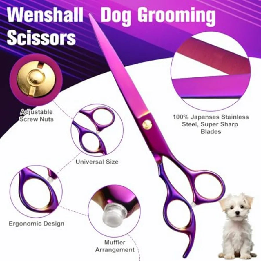 Professional Dog Grooming Scissors Set 6.5 Thinning 7 Straight 7 UpCurved 7 Downcurved Scissors and Comb for Dog Cat Pet Purple