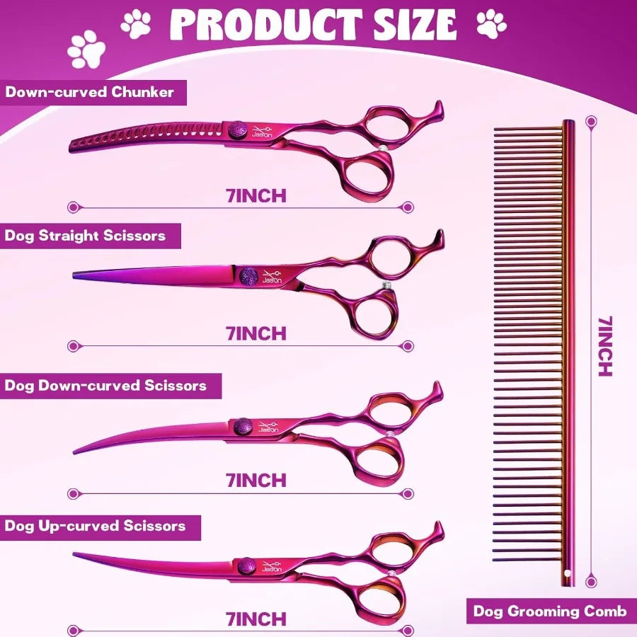 Dog Grooming Scissors Set Professional 6 in 1 Dog Shears Set 7 Curved Chunker 7 Straight 7 UpCurved 7 Downcurved Scissors and C