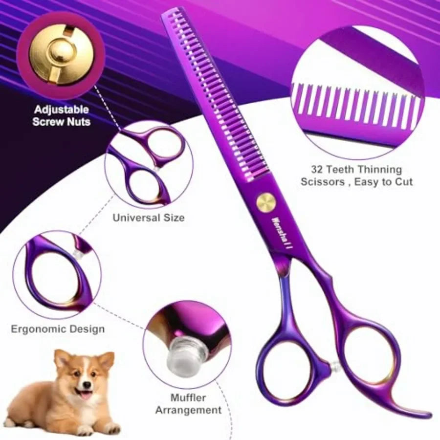 Professional Dog Grooming Scissors Set 6.5 Thinning 7 Straight 7 UpCurved 7 Downcurved Scissors and Comb for Dog Cat Pet Purple
