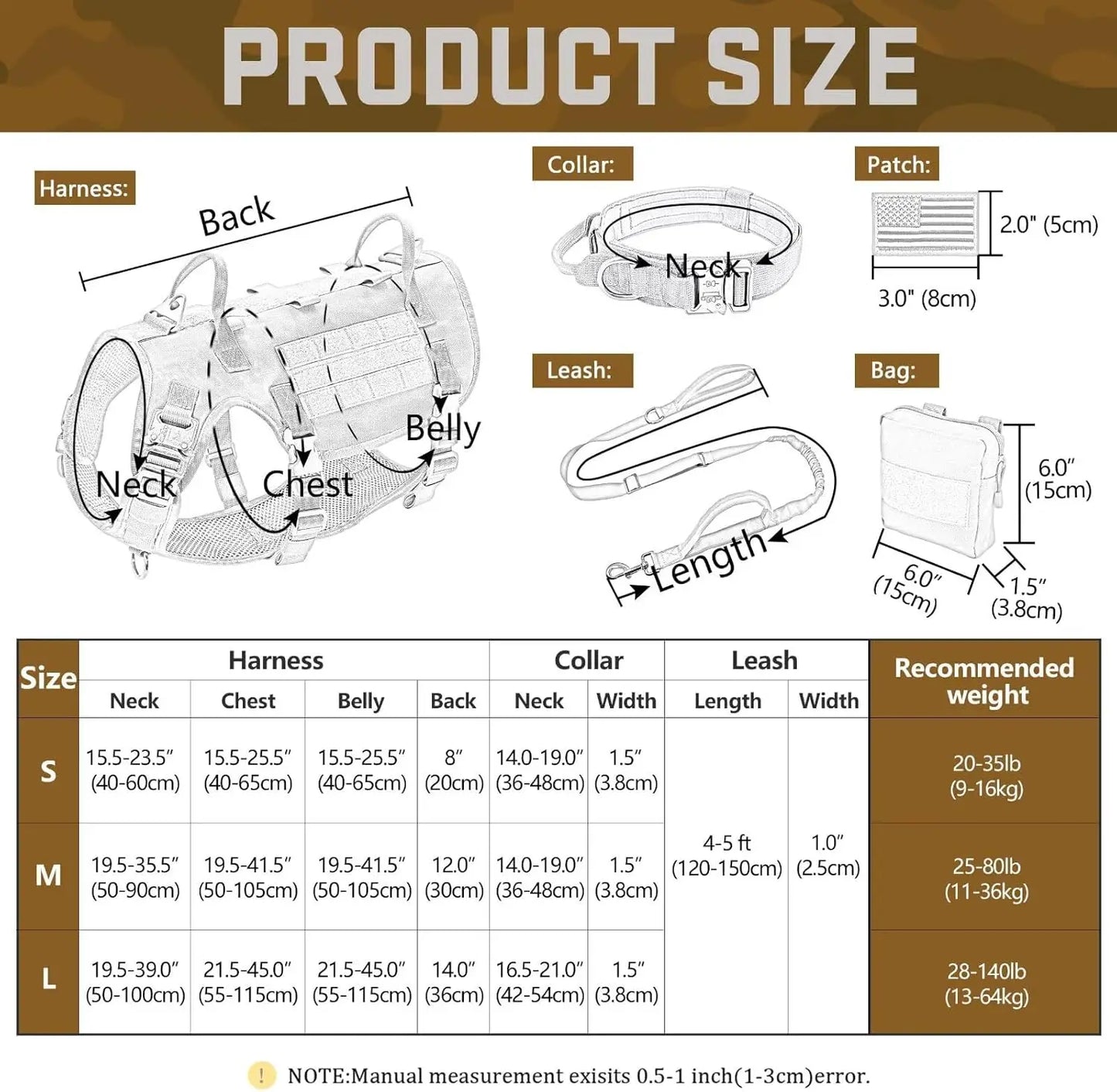 Tactical Dog Harness Set with Bungee Leash, Adjustable for Medium to Large Dogs, No Pull Control, Khaki Color