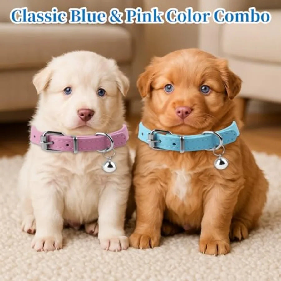 2Pack XXS Teacup Dog Cat Collars Soft Faux Leather Adjustable Puppy Collars with Be 1 2 Width Sky Blue Pink for XS Small Dogs K